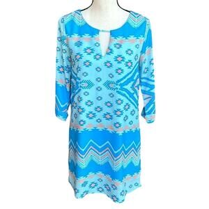 Everly Boho Tribal Aztec Shift Dress S Blue Pink Keyhole 3/4 Sleeve Festival